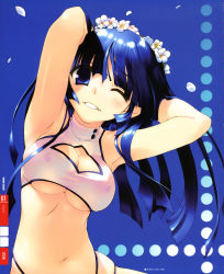 Rule 34 | 1girl, absurdres, amazuyu tatsuki, armpits, arms up, blue eyes, blue hair, blush, breasts, cleavage, cleavage cutout, clothing cutout, covered erect nipples, flower, grin, hair flower, hair ornament, highres, long hair, matching hair/eyes, navel, one eye closed, open mouth, original, skindentation, smile, solo, underboob, wink
