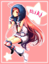 Rule 34 | 1girl, ahoge, bad id, bad pixiv id, belt, boots, dress, female focus, full body, gloves, headphones, headset, highres, hood, kayu, kneehighs, long hair, multicolored clothes, multicolored legwear, red eyes, red hair, sf-a2 miki, smile, socks, solo, star (symbol), striped clothes, striped gloves, striped socks, thighhighs, vocaloid, wrist cuffs