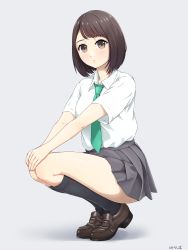 Rule 34 | 1girl, :/, black socks, blush, brown eyes, brown hair, closed mouth, collared shirt, commentary request, expressionless, full body, green necktie, grey background, hands on own knees, highres, kneehighs, legs together, loafers, long hair, necktie, original, pleated skirt, school uniform, shirt, shoes, short hair, short sleeves, side-tie peek, simple background, skirt, socks, solo, squatting, swept bangs, tareme, thighs, translated, white shirt, wing collar, yurashima