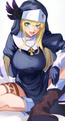 Rule 34 | 1girl, absurdres, arm on knee, arm rest, arm support, black dress, black gloves, black veil, blonde hair, blue eyes, body markings, boots, brown footwear, cross, cross necklace, dress, fang, gibril (isekai samurai), gloves, hat feather, high heel boots, high heels, highres, isekai samurai, jewelry, juliet sleeves, knee up, long hair, long sleeves, looking at viewer, murechika, necklace, nun, open mouth, pelvic curtain, puffy sleeves, side slit, simple background, sitting, sleeve cuffs, smile, solo, veil, white background