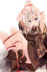 Rule 34 | 1girl, absurdres, arms up, ass, black shirt, blue eyes, blush, brown shirt, brown skirt, brown socks, collared shirt, commentary request, convenient leg, dress shirt, elaina (majo no tabitabi), grey hair, hair between eyes, highres, long hair, looking at viewer, majo no tabitabi, minau37, mouth hold, no shoes, open clothes, open shirt, plaid, plaid shirt, red ribbon, ribbon, ribbon in mouth, shirt, short sleeves, signature, skirt, sleeveless, sleeveless shirt, socks, soles, solo, white background, wide sleeves