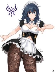 Rule 34 | 1girl, artist name, blue eyes, blue hair, bow, breasts, brown pantyhose, byleth (female) (fire emblem), byleth (fire emblem), cleavage, fire emblem, fire emblem: three houses, highres, lace, lace-trimmed legwear, lace trim, large breasts, legs, maid, maid headdress, medium breasts, nintendo, oliver koito, panties, pantyhose, print pantyhose, simple background, solo, thighs, underwear, upskirt, white background, white bow