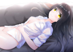 Rule 34 | 1girl, bad id, bad pixiv id, black hair, blush, bottomless, breasts, closed mouth, collared shirt, commentary request, hair between eyes, hand on own stomach, kogyokuapple, long hair, looking at viewer, lying, medium breasts, naked shirt, on back, open clothes, open shirt, original, shirt, smile, solo, white background, white shirt, yellow eyes