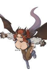 Rule 34 | 1girl, breasts, cleavage, dragon girl, dragon horns, dragon tail, dragon wings, forehead, green eyes, grin, horns, large breasts, long hair, looking at viewer, toeless footwear, original, red hair, sharp teeth, simple background, smile, solo, tail, teeth, white background, wings, youzu (youzuyozu)