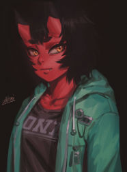 Rule 34 | 1girl, black background, black shirt, brown hair, closed mouth, clothes writing, colored skin, commentary, english commentary, fang, fang out, green jacket, hood, hood down, horns, jacket, kidouko (zakusi), oni, open clothes, open jacket, original, red oni, red skin, shirt, short hair, signature, simple background, solo, yellow eyes, zakusi