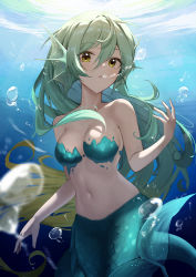 Rule 34 | 1girl, :o, air bubble, bare arms, bare shoulders, blonde hair, breasts, bubble, cleavage, collarbone, fins, green hair, hair ornament, head fins, highres, long hair, looking at viewer, mansu (user pnmp4287), medium breasts, mermaid, monster girl, navel, original, parted lips, scales, solo, stomach, underwater, very long hair, water, yellow eyes