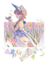 Rule 34 | 1girl, absurdres, animal, arknights, bare arms, bare shoulders, blue dress, blue headwear, blue poison (arknights), bonnet, braid, brown hair, character name, closed mouth, dress, flower, frog, from side, hair over shoulder, hands up, highres, low twintails, pink flower, purple flower, qinghejunzi, seashell, see-through, shell, smile, solo, tulip, twin braids, twintails, wrist cuffs, yellow flower