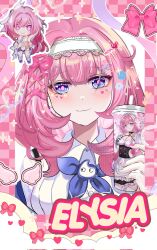 Rule 34 | 1girl, apron, black dress, blue eyes, blush, breasts, character name, checkered background, chocola s, cleavage, closed mouth, collared shirt, commentary, cup, disposable cup, dress, dress shirt, drinking straw, elysia (coco) (honkai impact), elysia (herrscher of human:ego) (honkai impact), elysia (honkai impact), elysia (miss pink elf) (honkai impact), english commentary, frilled apron, frills, hairband, hand up, highres, holding, holding cup, honkai (series), honkai impact 3rd, looking at viewer, medium breasts, outline, pink hair, shirt, smile, upper body, waist apron, white apron, white hairband, white outline, white shirt