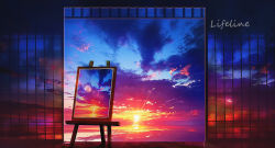 Rule 34 | chinese commentary, cloud, doorway, dusk, easel, evening, highres, horizon, landscape, lifeline (a384079959), no humans, ocean, original, painting (object), scenery, signature, sky, sun, sunset