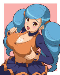 Rule 34 | 10s, 1girl, ace trainer (pokemon), aqua hair, blush, breasts, breasts squeezed together, choker, cleavage, covered erect nipples, creatures (company), cum, cum on body, cum on breasts, cum on upper body, cum string, drill hair, game freak, large breasts, long hair, miniskirt, nintendo, npc trainer, pleated skirt, pokemon, pokemon bw, s-cap, skirt, solo, twin drills, twintails, yellow eyes