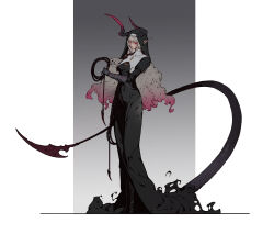 1girl blunt_bangs boots cross demon_girl demon_horns demon_tail gauntlets grey_background highres horns latin_cross long_hair looking_at_viewer multicolored_hair nun original pink_hair pointy_ears red_eyes standing tail two-tone_hair very_long_hair whip white_background yin_zhe