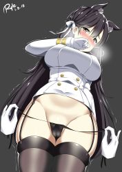 Rule 34 | 1girl, absurdres, animal ears, atago (azur lane), azur lane, black panties, black thighhighs, blush, breasts, brown eyes, buttons, covering face, disembodied hand, double-breasted, embarrassed, from below, garter belt, gloves, grey background, hair between eyes, hair ribbon, heavy breathing, highres, large breasts, long hair, long sleeves, looking at viewer, looking down, mole, mole under eye, motion lines, no headwear, nose blush, panties, ribbon, ryle, shiny skin, side-tie panties, simple background, skindentation, solo focus, standing, thigh gap, thighhighs, trembling, underwear, untying, very long hair, white gloves, white ribbon