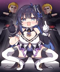 Rule 34 | 1girl, 2boys, bare shoulders, black gloves, black hair, blue eyes, blue hair, braid, braided bangs, breasts, cleavage, cleavage cutout, clothing cutout, commentary, double middle finger, english commentary, full body, gloves, heart cutout, highres, kson, kukie-nyan, large breasts, long hair, looking at viewer, middle finger, mole, mole under eye, multicolored hair, multiple boys, navel, open mouth, solo focus, souchou, spread legs, squatting, thighhighs, virtual youtuber, vshojo, vshojo idol uniform, white gloves, white thighhighs