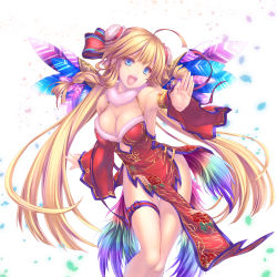 Rule 34 | 1girl, ahoge, blonde hair, breasts, chunmei, cleavage, contrapposto, double bun, dress, foreshortening, fur collar, hair bun, highres, hip focus, large breasts, leg ribbon, long hair, looking at viewer, open mouth, outstretched arm, outstretched hand, pelvic curtain, petals, purple ribbon, red dress, red ribbon, ribbon, shironeko project, simple background, smile, solo, standing, striped ribbon, teeth, tenmaso, thigh ribbon, thighs, very long hair, white background
