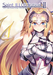 Rule 34 | 1girl, armor, armored dress, banner, bare shoulders, blonde hair, blue eyes, blush, breasts, chain, closed mouth, commentary request, copyright name, cover, cover page, fate/grand order, fate (series), gauntlets, hands on own chest, headpiece, highres, holding, holding sword, holding weapon, jeanne d&#039;arc (fate), jeanne d&#039;arc (ruler) (fate), jeanne d&#039;arc (third ascension) (fate), large breasts, long hair, looking at viewer, ninoude (ninoude44), smile, solo, straight hair, sword, upper body, very long hair, weapon