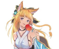 Rule 34 | 1girl, animal ears, bad id, bad pixiv id, bare shoulders, blonde hair, braid, breasts, choker, detached sleeves, fox ears, granblue fantasy, hair ornament, hair ribbon, japanese clothes, long hair, looking at viewer, medium breasts, purple eyes, ribbon, sideboob, simple background, solo, tongue, tongue out, upper body, white background, yooguretto, yuisis (granblue fantasy)