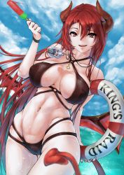 Rule 34 | alternate costume, breasts, cleavage, day, demon girl, epis (king&#039;s raid), food, highres, horns, king&#039;s raid, large breasts, monster girl, nail polish, nishixciv, ocean, popsicle, popsicle stick, red hair, swimsuit, tail, wings