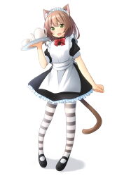 Rule 34 | 1girl, :d, animal ear fluff, animal ears, apron, black dress, black footwear, brown hair, cat ears, cat girl, cat tail, commentary request, cup, dress, frilled apron, frilled dress, frills, full body, green eyes, hair between eyes, highres, holding, holding tray, maid, maid apron, maid headdress, open mouth, original, pantyhose, pigeon-toed, puffy short sleeves, puffy sleeves, shadow, shibacha, shoes, short sleeves, simple background, smile, solo, standing, striped clothes, striped pantyhose, tail, teacup, teapot, tray, white apron, white background
