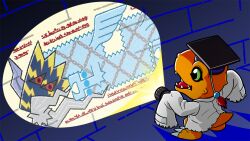Rule 34 | agumon hakase, artist request, brick wall, digimon, digimon (creature), flashlight, hat, holding, holding flashlight, lab coat, mortarboard, mural, no humans, official art, qinglongmon, sleeves past fingers, sleeves past wrists