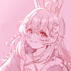 Rule 34 | 1girl, :3, bow, collarbone, hair bow, hair ornament, heart, heart hair ornament, looking at viewer, monochrome, phase connect, pink background, pink hair, pipkin pippa, pipkin pippa (1st costume), portrait, rabbit hair ornament, red eyes, smug, solo, sweater, virtual youtuber, wy lee (pixelnoodle)