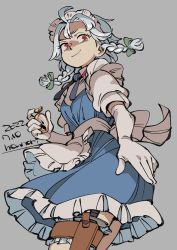 Rule 34 | 1girl, apron, blue dress, braid, dated, dress, elbow gloves, frilled apron, frilled dress, frills, gloves, green ribbon, grey background, grey hair, hair ribbon, highres, holding, holding pocket watch, hounori, izayoi sakuya, knife, looking at viewer, maid, maid headdress, pocket watch, red eyes, ribbon, signature, simple background, solo, thigh strap, touhou, twin braids, watch, white apron, white gloves