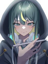 Rule 34 | 1girl, absurdres, apple pencil, artist name, blonde hair, blush, closed mouth, collared shirt, colored inner hair, commentary, dress shirt, green hair, green necktie, hair between eyes, headphones, headphones around neck, highres, hood, hood up, long hair, looking at viewer, mole, mole under eye, multicolored hair, necktie, original, shirt, sidelocks, simple background, solo, streaked hair, tsukuno tsuki, two-tone hair, upper body, white background, white shirt