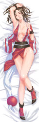 Rule 34 | 1girl, absurdres, arm up, bed sheet, breasts, brown eyes, brown hair, commentary request, dakimakura (medium), fatal fury, from above, full body, high ponytail, highres, japanese clothes, knees together feet apart, large breasts, legs, long hair, looking at viewer, lying, ninja, omaehasaigoni, on back, pelvic curtain, ponytail, revealing clothes, shiny skin, shiranui mai, smile, solo, tabi, the king of fighters, thighs