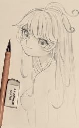 Rule 34 | 1girl, antenna hair, art tools in frame, breasts, eraser, from side, graphite (medium), highres, kaede (shijie heping), long hair, looking at viewer, mechanical pencil, monochrome, nude, original, pencil, photo (medium), sketch, small breasts, smile, solo, sparkling eyes, traditional media, upper body