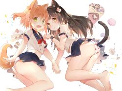 Rule 34 | 2girls, :d, amafuyu, animal ear fluff, animal ears, ass, bad id, bad pixiv id, barefoot, black hair, brown eyes, cake, cat ears, cat tail, commentary, cookie, crepe, crop top, dog tail, english commentary, flower, food, food print, green eyes, hair flower, hair ornament, holding hands, highres, long hair, looking at viewer, macaron, midriff, multiple girls, open mouth, orange hair, original, panties, patterned clothing, polka dot, school uniform, serafuku, smile, strawberry print, tail, underwear, white background, white panties