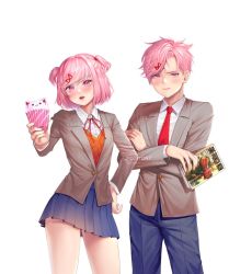 Rule 34 | 1boy, 1girl, artist name, blue pants, blue skirt, blush, commentary, commission, cowboy shot, crossed arms, cupcake, doki doki literature club, fang, fang out, food, frown, genderswap, genderswap (ftm), grey jacket, hair ornament, hairclip, hand on own hip, jacket, long sleeves, looking at viewer, manga (object), nail polish, natsuki (doki doki literature club), necktie, one-punch man, open mouth, pants, pink eyes, pink hair, pink nails, pleated skirt, potetos7, red neckwear, school uniform, shirt, short hair, simple background, skirt, symbol-only commentary, two side up, watermark, white background, white shirt, wing collar