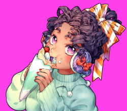 Rule 34 | 1girl, aqua sweater, black hair, crepe, dark-skinned female, dark skin, earmuffs, eating, food, food on face, fruit, hair ribbon, highres, holding, holding food, looking at viewer, nail polish, original, purple background, purple eyes, red nails, ribbon, simple background, solo, strawberry, striped ribbon, sweater, tarocos, upper body