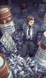 Rule 34 | 1boy, belt, brown belt, brown hair, business suit, collared shirt, commentary, english text, formal, grey jacket, grey pants, highres, jacket, male focus, mark scout, medicine, name tag, necktie, pants, pill, pill bottle, severance (series), shirt, short hair, solo, suit, sweatdrop, too many, wenny02, white shirt