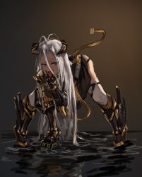 Rule 34 | 1girl, absurdres, ahoge, alcoholism (kitana-chan), antenna hair, bad id, bad pixiv id, brown background, cable, cable tail, cunnilingus gesture, full body, hair between eyes, highres, horns, legs apart, long hair, looking at viewer, mecha musume, mechanical arms, mechanical horns, mechanical legs, mechanical parts, mechanical tail, open mouth, original, red eyes, simple background, standing, strap, tail, thighhighs, tongue, tongue out, very long hair, white thighhighs
