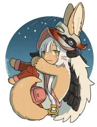 Rule 34 | 1other, :3, artist name, bad id, bad twitter id, blush, closed mouth, furry, green eyes, kawasemi27, looking at viewer, made in abyss, nanachi (made in abyss), shooting star, short hair, smile, twitter username, white hair