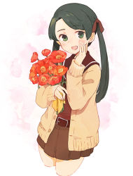 Rule 34 | 1girl, :d, belt, belt buckle, black hair, bouquet, brown belt, brown cardigan, brown ribbon, brown sailor collar, brown shirt, brown skirt, buckle, cardigan, cowboy shot, cropped legs, enu (roco roco44), flower, green eyes, hair ribbon, hand up, jewelry, kantai collection, long hair, long sleeves, mikuma (kancolle), hugging object, open cardigan, open clothes, open mouth, pleated skirt, red flower, ribbon, ring, sailor collar, shirt, skirt, sleeves past wrists, smile, solo, twintails, wedding band