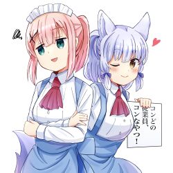 Rule 34 | 2girls, :d, ;), alternate costume, animal ears, apron, ascot, blue apron, blue bow, blue hair, blunt bangs, blush, bow, brown eyes, center-flap bangs, chiyoda momo, closed mouth, collared shirt, commentary request, cowboy shot, crossed arms, empty eyes, eyes visible through hair, fox ears, fox girl, fox tail, hair bow, hair ornament, half updo, heart, hellfire00001, highres, jitome, long sleeves, looking afar, looking at viewer, machikado mazoku, maid headdress, multiple girls, one eye closed, open mouth, pink hair, ponytail, red ascot, riko (machikado mazoku), shirt, short hair, short ponytail, side-by-side, simple background, smile, squiggle, suspenders, tail, translation request, waitress, white background, white shirt, x hair ornament