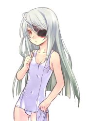 Rule 34 | 10s, 1girl, :&lt;, adjusting clothes, adjusting swimsuit, ahoge, collarbone, eyepatch, flat chest, infinite stratos, laura bodewig, long hair, media factory, one-piece swimsuit, red eyes, school swimsuit, silver hair, simple background, solo, standing, swimsuit, tsurime, wanko (pixiv), wanko (takohati8), white one-piece swimsuit, white school swimsuit
