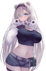 Rule 34 | 1girl, absurdres, arknights, aurora (arknights), aurora (elite ii) (arknights), belt, belt pouch, black gloves, blue eyes, breasts, crop top, gloves, hair over one eye, hairband, hand on own chest, highres, large breasts, long hair, midriff, navel, pouch, short shorts, shorts, shrug (clothing), white background, white hair, yuuki shuri