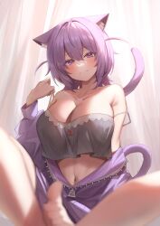 Rule 34 | 1girl, animal ears, bare shoulders, barefoot, blurry, breasts, camisole, cat ears, cat girl, cat tail, cleavage, closed mouth, collarbone, commentary request, crop top, crop top overhang, depth of field, double strap slip, feet, grey camisole, hair between eyes, highres, hololive, jacket, large breasts, long sleeves, looking at viewer, menmen (menmen13s), navel, nekomata okayu, nekomata okayu (membership), off shoulder, official alternate costume, partially unzipped, puffy long sleeves, puffy sleeves, purple eyes, purple hair, purple jacket, short hair, smile, solo, stomach, strap pull, tail, virtual youtuber, zipper pull tab