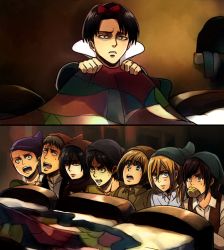 Rule 34 | 3girls, 5boys, armin arlert, bed, black hair, blanket, blonde hair, blue eyes, blush, bow, boy sandwich, brown hair, krista lenz, cioccolatodorima, comic, commentary, connie springer, cosplay, covering privates, disney, eren yeager, food in mouth, grey eyes, hair between eyes, hair bow, hat, indoors, jean kirstein, levi (shingeki no kyojin), lipstick, looking at another, makeup, mikasa ackerman, mouth hold, multiple boys, multiple girls, on bed, open mouth, parody, potato, sandwiched, sasha blouse, scared, scarf, shaded face, shingeki no kyojin, shirt, short hair, silent comic, snow white, snow white (disney), snow white (disney) (cosplay), snow white and the seven dwarfs, surprised, sweatdrop, what