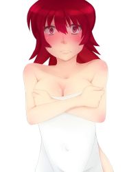 Rule 34 | 1girl, bare shoulders, blush, breasts, cleavage, embarrassed, iria animi, red eyes, red hair, short hair, solo, tales of (series), tales of innocence, towel