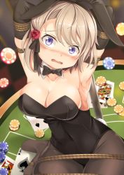 Rule 34 | 1girl, alternate costume, animal ears, armpits, azur lane, bare shoulders, bdsm, blonde hair, blue eyes, blush, bondage, bound, bow, bowtie, breasts, card, casino, casino card table, cleavage, covered navel, detached collar, fake animal ears, flower, hair between eyes, hair ornament, large breasts, leotard, long hair, looking at viewer, open mouth, pantyhose, playboy bunny, playing card, poker chip, rabbit ears, rabbit tail, red flower, restrained, short hair, sleeveless, solo, table, tail, yasume yukito, z23 (azur lane)