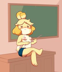 Rule 34 | 1girl, :3, animal crossing, animal hands, blush, blush stickers, breasts, chalkboard, closed mouth, full body, furry, furry female, highres, holding, isabelle (animal crossing), looking at viewer, nintendo, nipples, no humans, nyoron-nyan, pussy juice, skirt, small breasts, solo, tail, topknot, topless