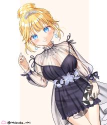 Rule 34 | 1girl, black dress, blonde hair, blue eyes, breasts, cleavage, collarbone, cowboy shot, dress, earrings, eyebrows hidden by hair, floral print, grin, hair bun, hand up, hololive, hololive english, jewelry, large breasts, light blush, long sleeves, looking at viewer, official alternate costume, pearl choker, see-through, see-through sleeves, short dress, sidelocks, simple background, smile, solo, straight-on, thigh gap, tiara, virtual youtuber, watch, watson amelia, watson amelia (party dress), zzinbbang