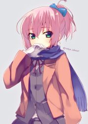 Rule 34 | 10s, 1girl, alternate costume, alternate eye color, covering own mouth, gloves, green eyes, hair between eyes, jacket, kantai collection, long sleeves, looking at viewer, neck ribbon, pink hair, pleated skirt, red ribbon, ribbon, scarf, shiranui (kancolle), short hair, short ponytail, simple background, skirt, solo, tahya, vest, winter clothes