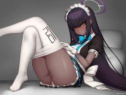 Rule 34 | 1girl, ahoge, ass, black hair, blue archive, blue bow, blue bowtie, bow, bowtie, breasts, clothes pull, commentary, crossed legs, dark-skinned female, dark skin, eyes visible through hair, gloves, halo, karin (blue archive), kuroonehalf, large breasts, long hair, looking at viewer, maid headdress, no shoes, panties, pantyhose, pantyhose pull, pantyshot, pillow, puffy short sleeves, puffy sleeves, short sleeves, sitting, solo, thighs, underwear, very dark skin, very long hair, white gloves, white panties, white pantyhose, yellow eyes