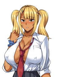 Rule 34 | 1girl, bad id, bad twitter id, blonde hair, blunt bangs, breasts, brown eyes, cleavage, collared shirt, cowboy shot, dark skin, grey skirt, hair ornament, hairclip, huge breasts, nosa, open clothes, open shirt, original, parted lips, red neckwear, scrunchie, shirt, sidelocks, skirt, sleeves rolled up, twintails, white background, white shirt, wrist scrunchie