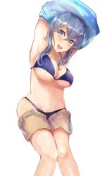 Rule 34 | 1girl, :d, alternate costume, armpits, bikini, black bikini, blue hair, blue shirt, breasts, brown shorts, cleavage, earrings, gotland (kancolle), highres, jewelry, kantai collection, large breasts, long hair, miyako (rgrayt), mole, mole under eye, navel, open mouth, shirt, shorts, simple background, smile, solo, swimsuit, underboob, undressing, white background