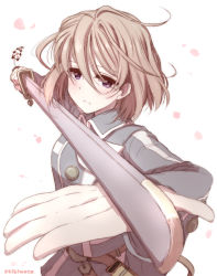 Rule 34 | 1girl, aiming, aiming at viewer, brown hair, foreshortening, hayate x blade, highres, holding, holding sword, holding weapon, kibimoka, looking at viewer, open hand, petals, purple eyes, shizuma yuho, short hair, solo, sword, twitter username, weapon, white background