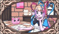 Rule 34 | 1girl, :&lt;, alice (alicesoft), alice (alicesoft) (cosplay), alice in wonderland, alice soft, apron, black bow, black bowtie, blue bow, blue dress, blue eyes, blue hair, book, border, bow, bowtie, cat, chouzetsusaikawa tenshi-chan, cosplay, creature, dress, eencya, framed, grey hair, hair bow, hair ornament, heart, heart hair ornament, indoors, long hair, looking at viewer, multiple hair bows, needy girl overdose, open mouth, ornate border, parody, pink bow, pink hair, pixel art, puffy short sleeves, puffy sleeves, purple bow, quad tails, rance (series), round border, short sleeves, sitting, smile, solo, table, tearing up, very long hair, white apron, window